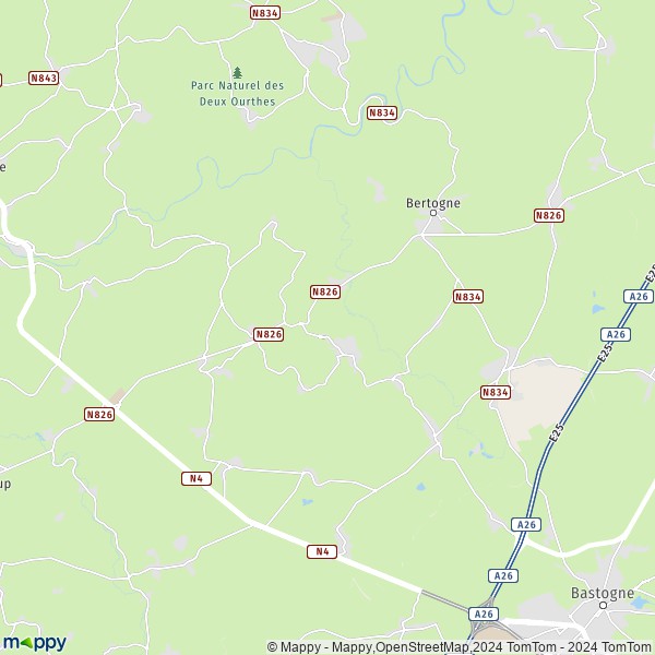 De kaart voor de stad 6687-6688 Bertogne