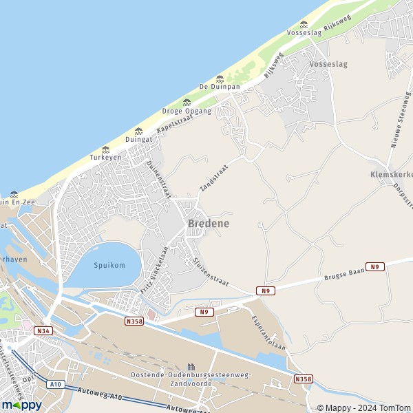 De kaart voor de stad 8400-8450 Bredene