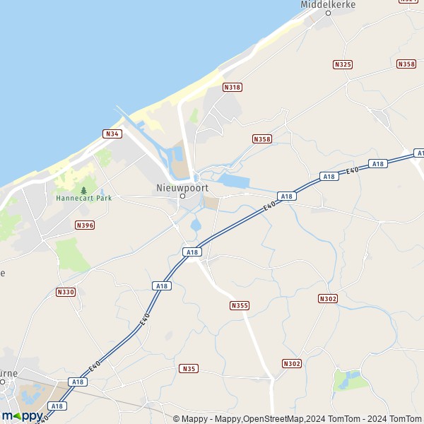 De kaart voor de stad 8620 Nieuwpoort