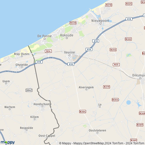 De kaart voor de stad 8630 Veurne