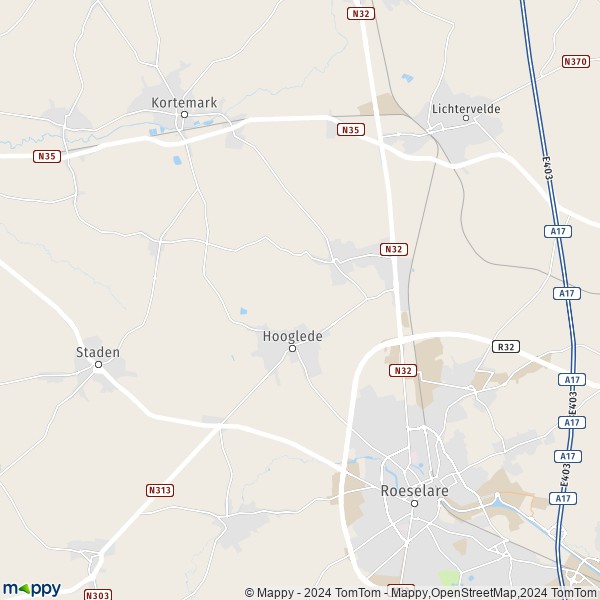De kaart voor de stad 8830 Hooglede