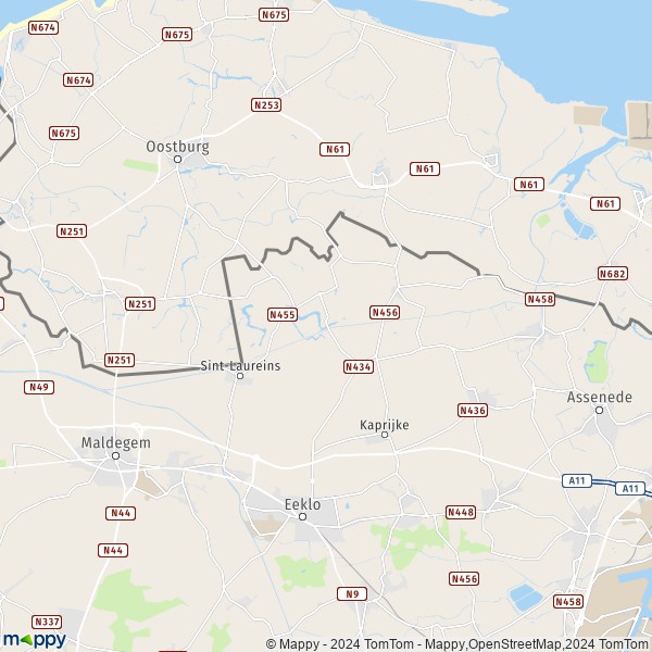 De kaart voor de stad 9980-9988 Sint-Laureins